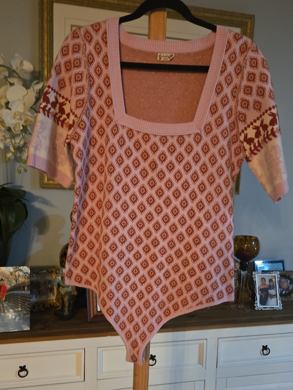 Free People Pink Diamond-Pattern Square-Neck Sweater